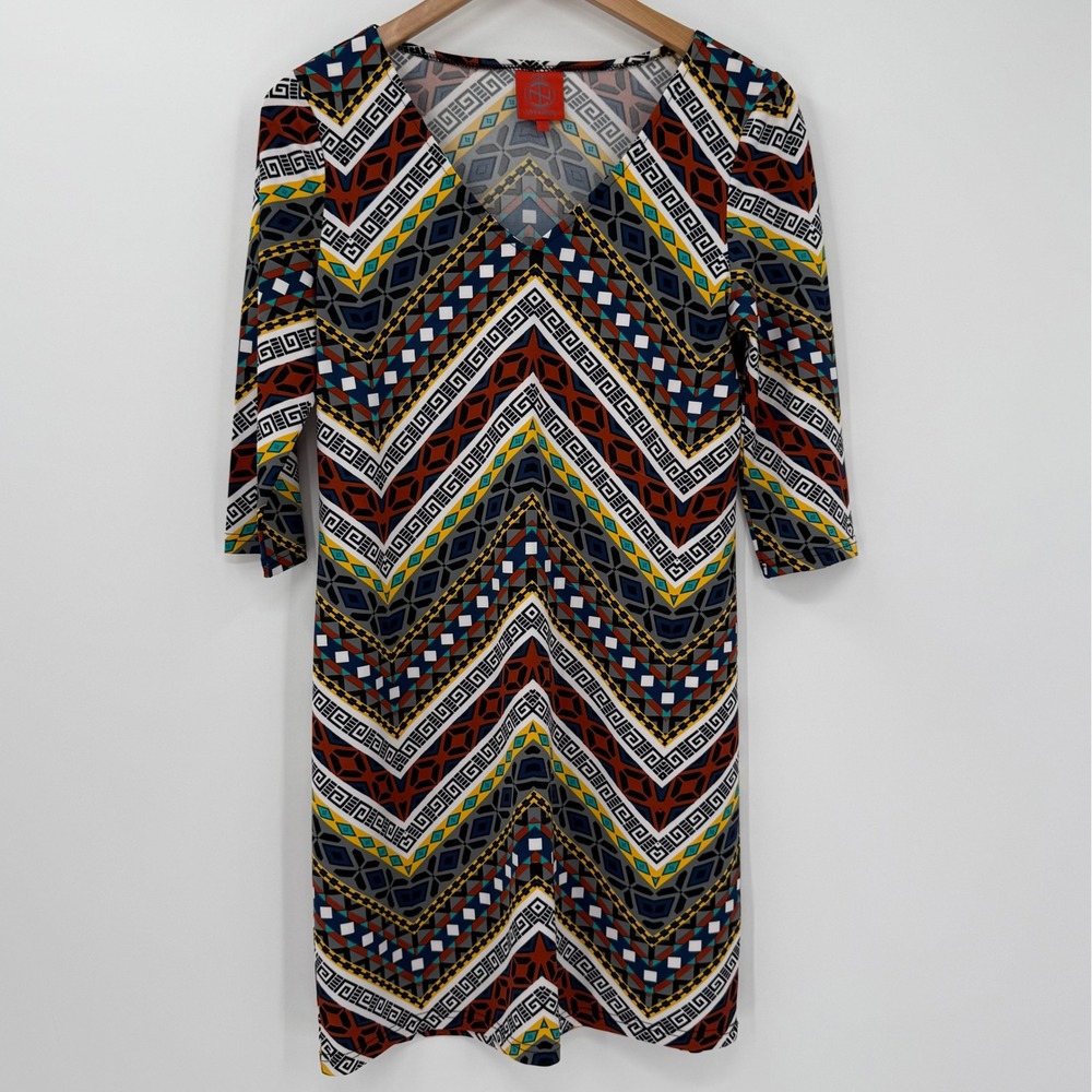 Tracy Negoshian Geo Print Shift Dress Small Stretch 3/4 Sleeve